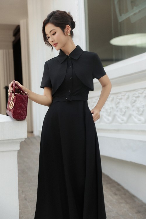 Sixdo Black Woven Flared Dress